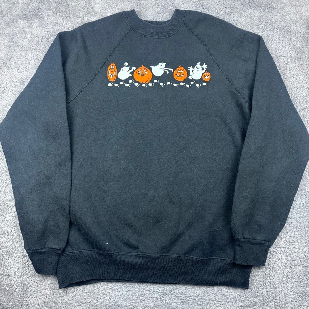 Bassett-Walker Sweatshirt Unisex XL Black Halloween Pumpkin Ghost Vintage 90sUSA